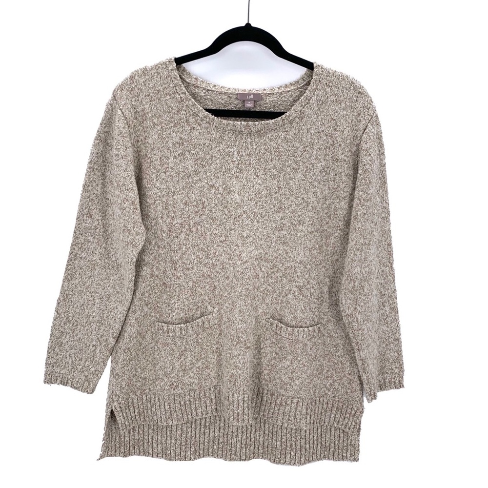 J. Jill Oatmeal Flex Knit Front Pocket Sweater Size Medium Neutral Color